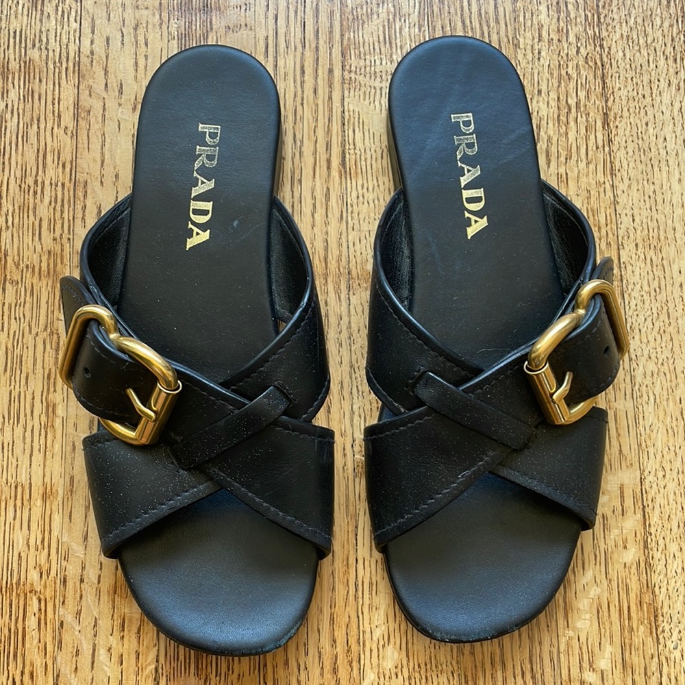 Prada Black Buckle Flat Sandals